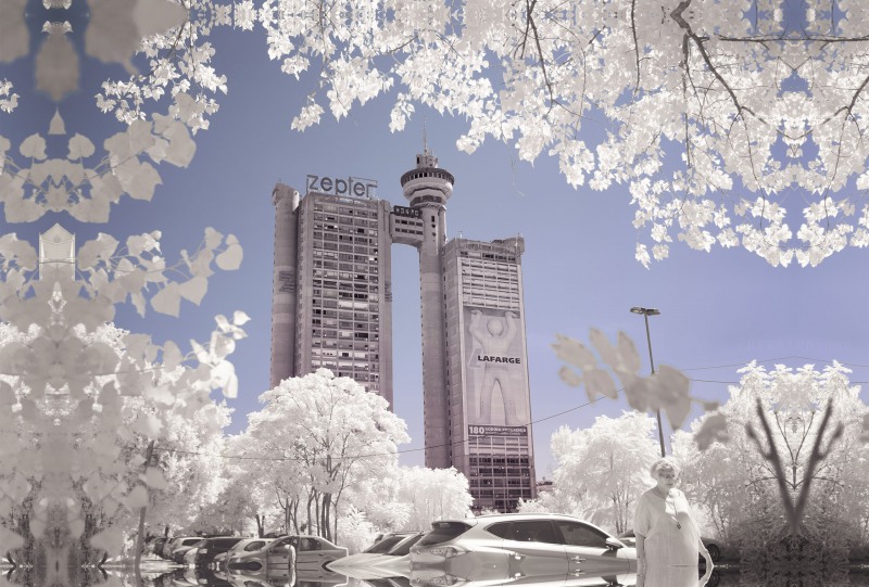 Infrared Photo Soviet Modernism Architecture Belgrade Western City Gate, Genex Tower